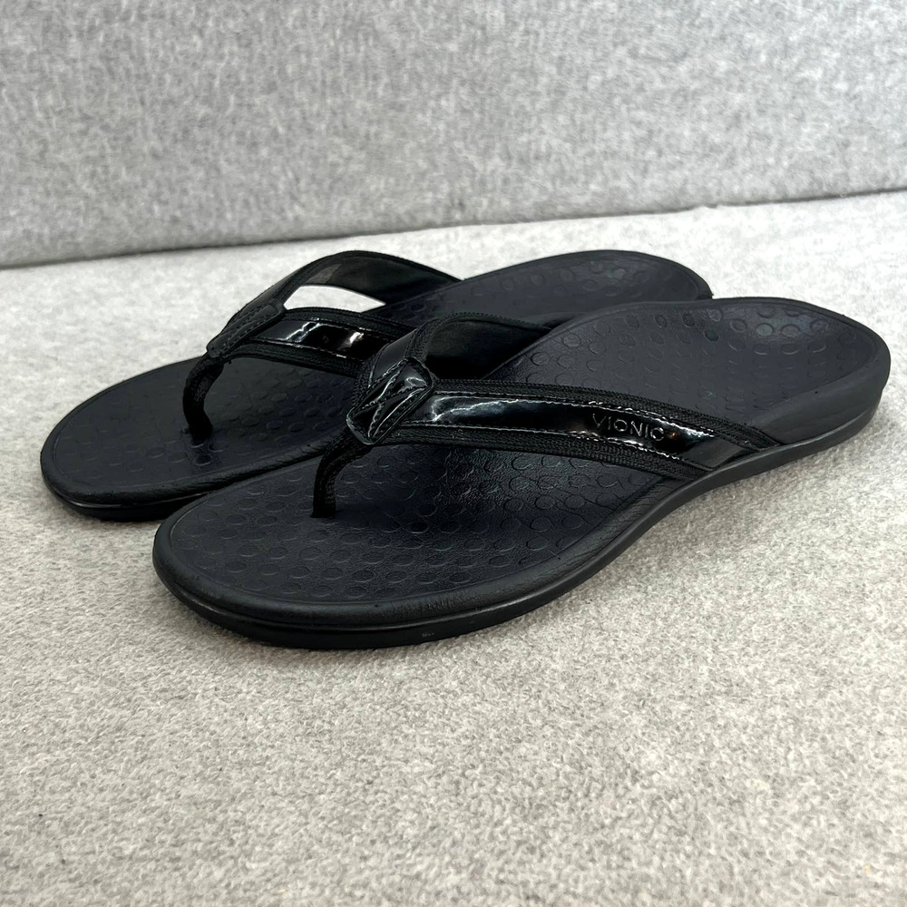 Vionic Tide II Leather Toe Post Flip Flop Sandal - Black - Women Size 8